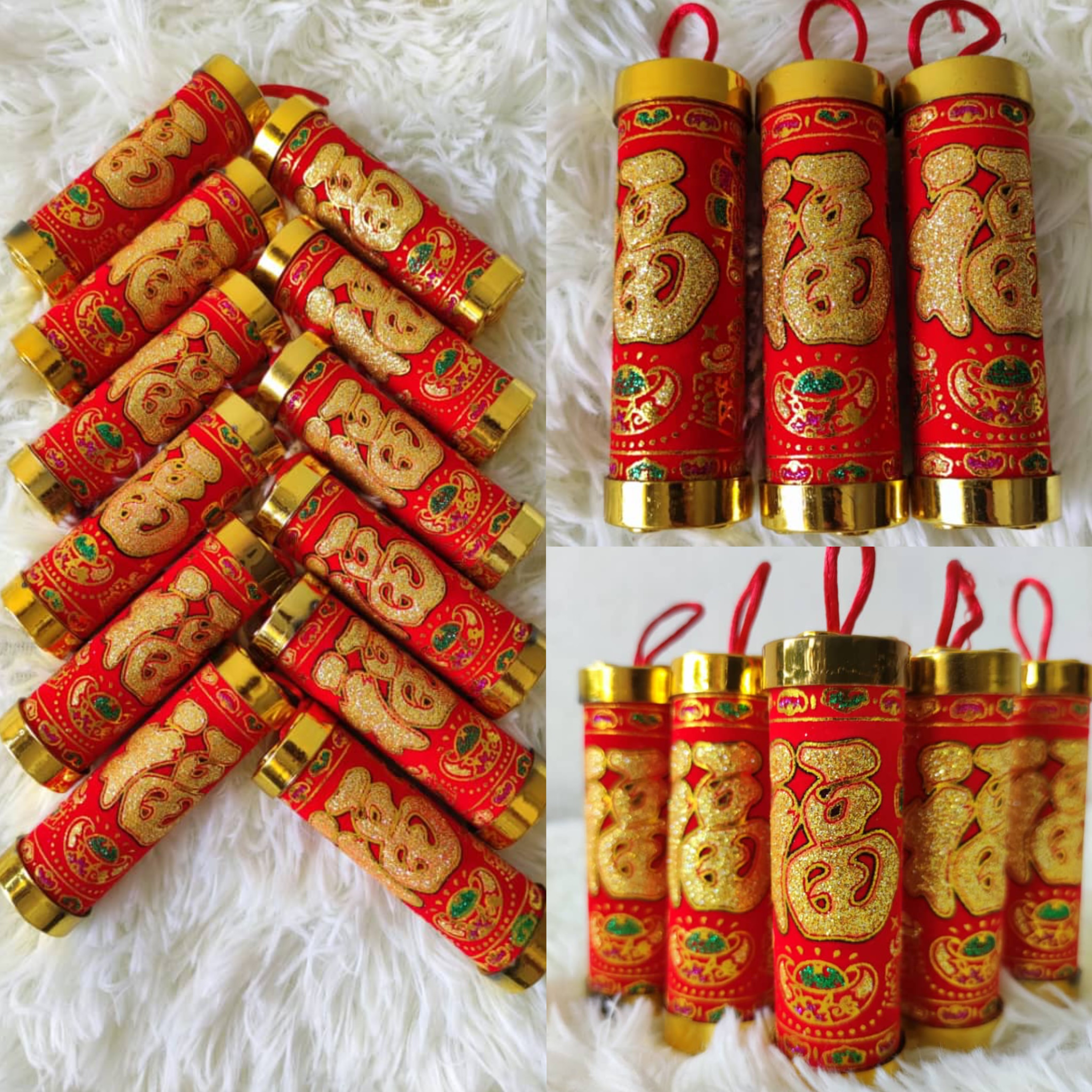 Firecrackers 9cm (8cmHx Ø2.8cm) 烫金植绒爆竹 6Pcs/PKT-Red | Decorative Accessories
